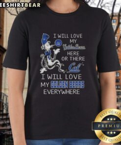 Top The Cat In The Hat ladies tee featuring 'I Will Love My Golden Bears Here Or There' design for fans.