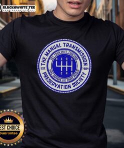 Vintage T-shirt featuring 'Top The Manual Transmission Preservation Society Est 1904' graphic design for enthusiasts.