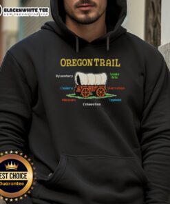 Top the Oregon Trail hoodie featuring themes of dysentery, snake bites, cholera, and starvation for gamers and adventurers.