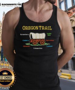 Top The Oregon Trail tank top featuring designs inspired by dysentery, snake bites, cholera, and starvation.