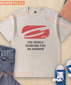 Alt Text: Top-The-World-Screams-For-An-Answer washed t-shirt featuring a bold graphic design, perfect for casual wear.