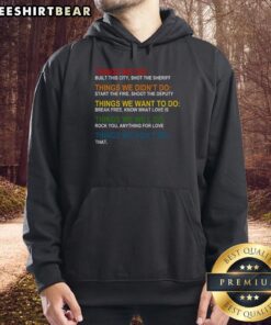 Trendy hoodie featuring 'Top Things We Did, Didn't Want, Will, Won't Do' graphic in bold lettering for casual style.