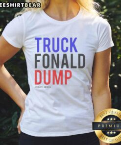 Top Truck Fonald Dump God Bless America Ladies Tee featuring patriotic design and comfortable fit for casual wear.