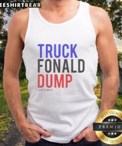Top Truck Fonald Dump God Bless America tank top featuring patriotic design and vibrant colors, perfect for summer wear.