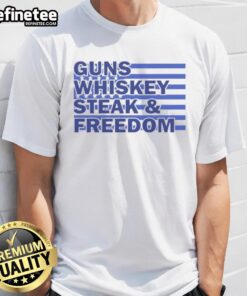 Top True American Guns Whiskey Steak Freedom USA Flag T-Shirt design featuring a patriotic graphic and bold text.