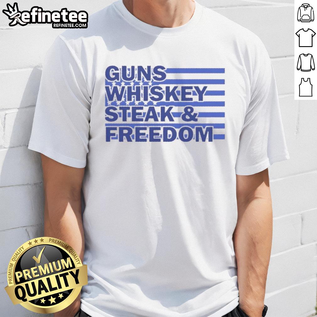 top-true-american-guns-whiskey-steak-freedom-usa-flag-t-shirt Top True American Guns Whiskey Steak Freedom USA Flag T-Shirt design featuring a patriotic graphic and bold text.