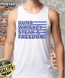 Top True American Guns Whiskey Steak Freedom USA Flag Tank Top featuring patriotic design and bold graphics.