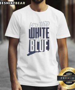 Alt Text: Top UConn Huskies white and blue t-shirt featuring logo and design, perfect for fans and sports enthusiasts.