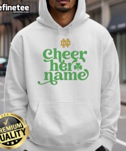 Top University of Notre Dame Cheer Her Name logo hoodie in navy blue, showcasing school spirit and style.