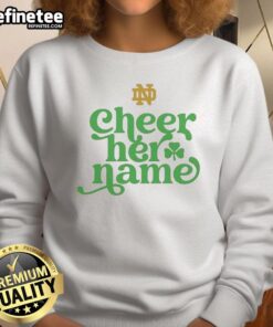 Top University of Notre Dame Cheer 'Her Name' logo sweatshirt in navy blue, perfect for fans and alumni.