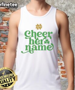 Top University of Notre Dame Cheer Her Name logo tank top showcasing school spirit and athletic pride.