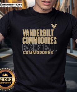 Alt Text: Top Vanderbilt Commodores Basketball text logo overlay t-shirt in black with a bold gold logo design.