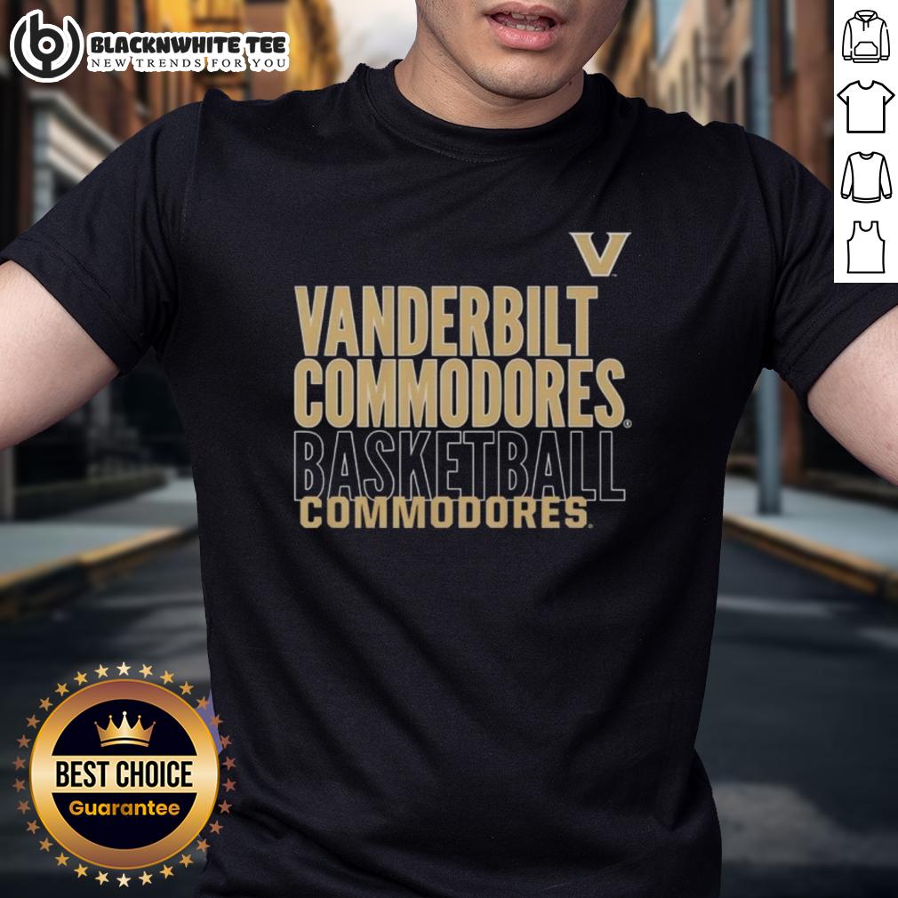 Top Vanderbilt Commodores Basketball Text Logo Overlay T Shirt Alt Text: Top Vanderbilt Commodores Basketball text logo overlay t-shirt in black with a bold gold logo design.