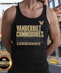 Top Vanderbilt Commodores basketball text logo overlay tank top featuring team colors and stylish design for fans.