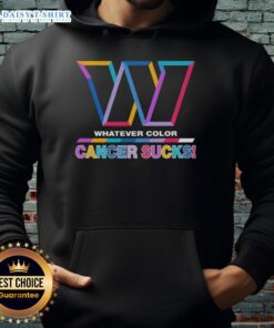 Washington Commanders Football hoodie featuring colorful 'Cancer Sucks' logo, perfect for fans and cancer awareness supporters.
