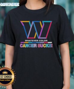 Washington Commanders football ladies tee featuring 'Cancer Sucks' logo in team colors, promoting awareness and support.