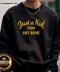 West Virginia football sweatshirt featuring 'Just A Kid From Any Name' design, perfect for fans and casual wear.