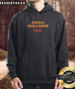 Top Zohran Mam Commie Sucks hoodie in vibrant colors, showcasing a bold graphic design for political statement apparel.