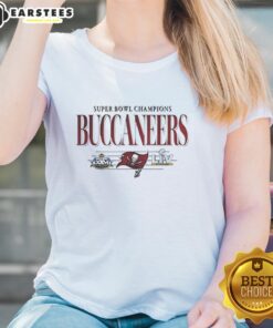 Original Tampa Bay Buccaneers Super Bowl Champions XXXVI LIV ladies tee featuring team logo and vibrant colors.