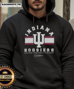 Official College Football Playoff Indiana Hoosiers 2026 National Championship logo hoodie displayed on a hanger.