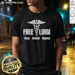 Top Free Luigi Deny Defend Depose T-Shirt featuring bold graphic design, perfect for fans of Luigi and gaming culture.