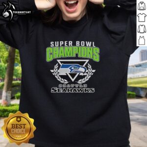 Alt Text: Seattle Seahawks Super Bowl XLVIII Champions logo center sweatshirt, showcasing team pride and championship spirit.