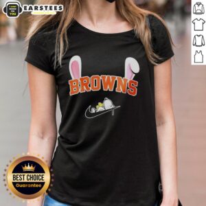 Alt Text: Cleveland Browns X Snoopy Happy Easter ladies tee featuring colorful designs perfect for fans celebrating Easter.