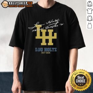 Alt Text: Official Lou Holtz 1937-2026 National Championships Signature T-Shirt featuring a vintage design and bold graphics.