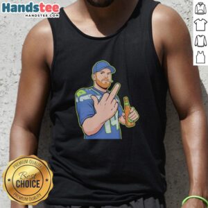 Cartoon of Sam Darnold giving the middle finger on a tank top design, showcasing a playful and edgy style.