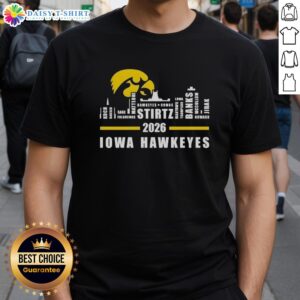 Alt Text: Premium 2026 Iowa Hawkeyes T-shirt featuring city skyline design and all player names, perfect for fans.