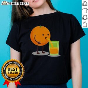 Cheerful orange juice character on a ladies tee, perfect for citrus lovers and fun fashion enthusiasts.