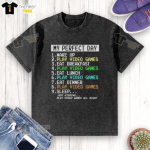 Alt Text: A relaxed morning scene featuring a person in a washed t-shirt waking up, playing video games, and enjoying breakfast.