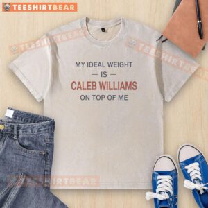 Caleb Williams on top of a person wearing a washed t-shirt, showcasing the ideal weight concept in a fun way.