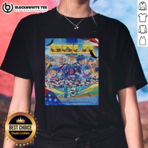 Alt Text: Official Olympics USA Men's Hockey Gold Ladies Tee featuring a vibrant design celebrating Team USA's victory.