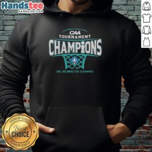 Premium UNC Wilmington Seahawks Men's Basketball 2026 CAA Conference Tournament Champions Hoodie in navy blue.