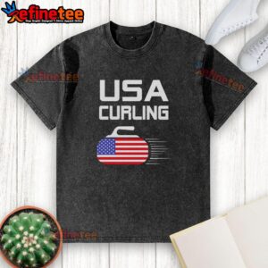 Alt Text: Official Curling USA Support Team t-shirt featuring an American flag design, perfect for curling fans and supporters.