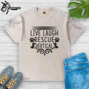 Alt Text: Vertical 'Live Laugh Rescue' t-shirt featuring a washed design, perfect for dog lovers and rescue advocates.
