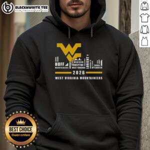 Alt Text: Pretty 2026 West Virginia Mountaineers hoodie featuring city skyline and all names design, perfect for fans.