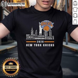 2026 New York Knicks All Names City Skyline T-Shirt featuring vibrant design and team colors, perfect for fans.