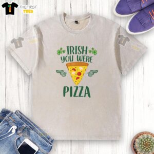 Pretty Irish You Were Pizza St. Patrick's Day washed t-shirt featuring a fun graphic and vibrant green color.