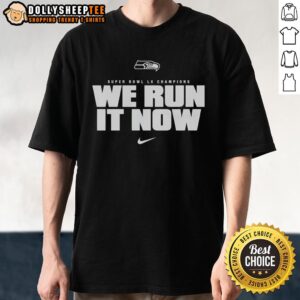 Alt Text: Premium Seattle Seahawks Super Bowl LX Champions We Run It Now logo t-shirt for fans and collectors.