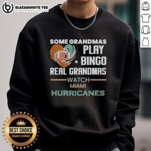 Grandmas enjoy watching Miami Hurricanes in cozy bingo-themed sweatshirts, showcasing love for sports and family fun.
