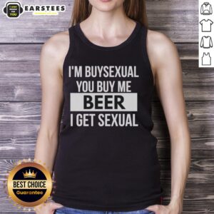 Funny tank top with 'I'm Buysexual, You Buy Me Beer, I Get Sexual' slogan, perfect for beer lovers and LGBTQ+ pride.