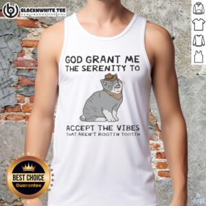 Colorful tank top featuring 'Nice God Grant Me The Serenity' text with a playful cat design, perfect for casual wear.