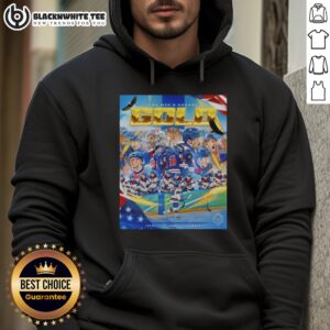 USA Men's Hockey Gold Hoodie featuring official Olympics logo, perfect for sports fans and Olympic supporters.