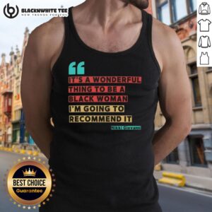 Black woman wearing a 'Nice, It's A Wonderful Thing To Be A Black Woman' tank top by Nikki Giovanni, celebrating empowerment.