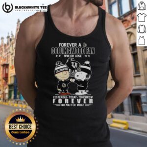 Official Snoopy and Charlie Brown Forever tank top for Collingwood FC fans, celebrating loyalty win or lose.