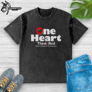 Red heart graphic on washed t-shirt for Heart Disease Awareness Month - Top One brand design promoting health awareness.