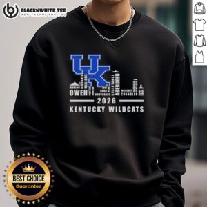 Alt Text: Pretty 2026 Kentucky Wildcats sweatshirt featuring city skyline design and all player names, perfect for fans.