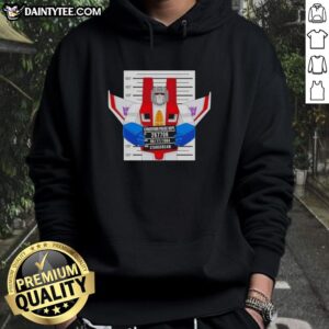 Alt Text: Funny Starscream Cybertron Police Dept mugshot hoodie featuring a humorous design of the iconic transformer character.